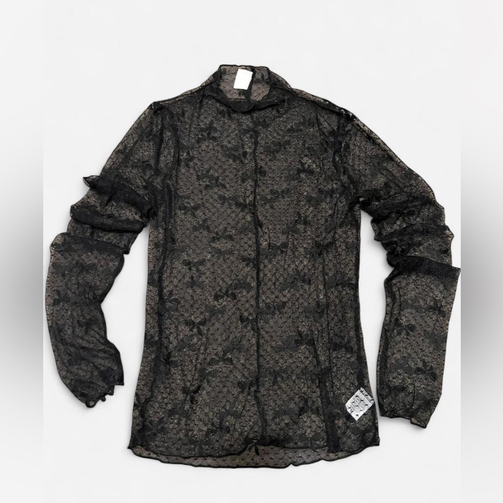 Sheer Black Lace Women's Long Sleeve With Bows and Ruffled Edges Size L